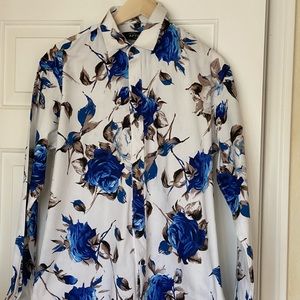 Aptro dress shirt with blue flowers, funny shirt, size large, 100% cotton.